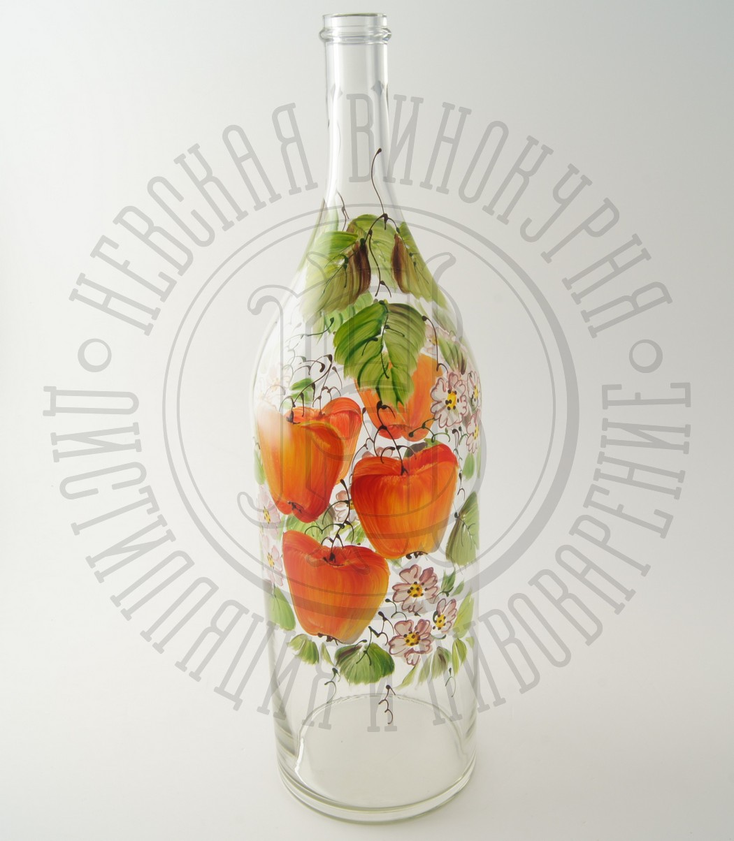 Бутылка 3 литра с рисунком "Яблоки" (Русская четверть), прозрачное стекло с пробкой