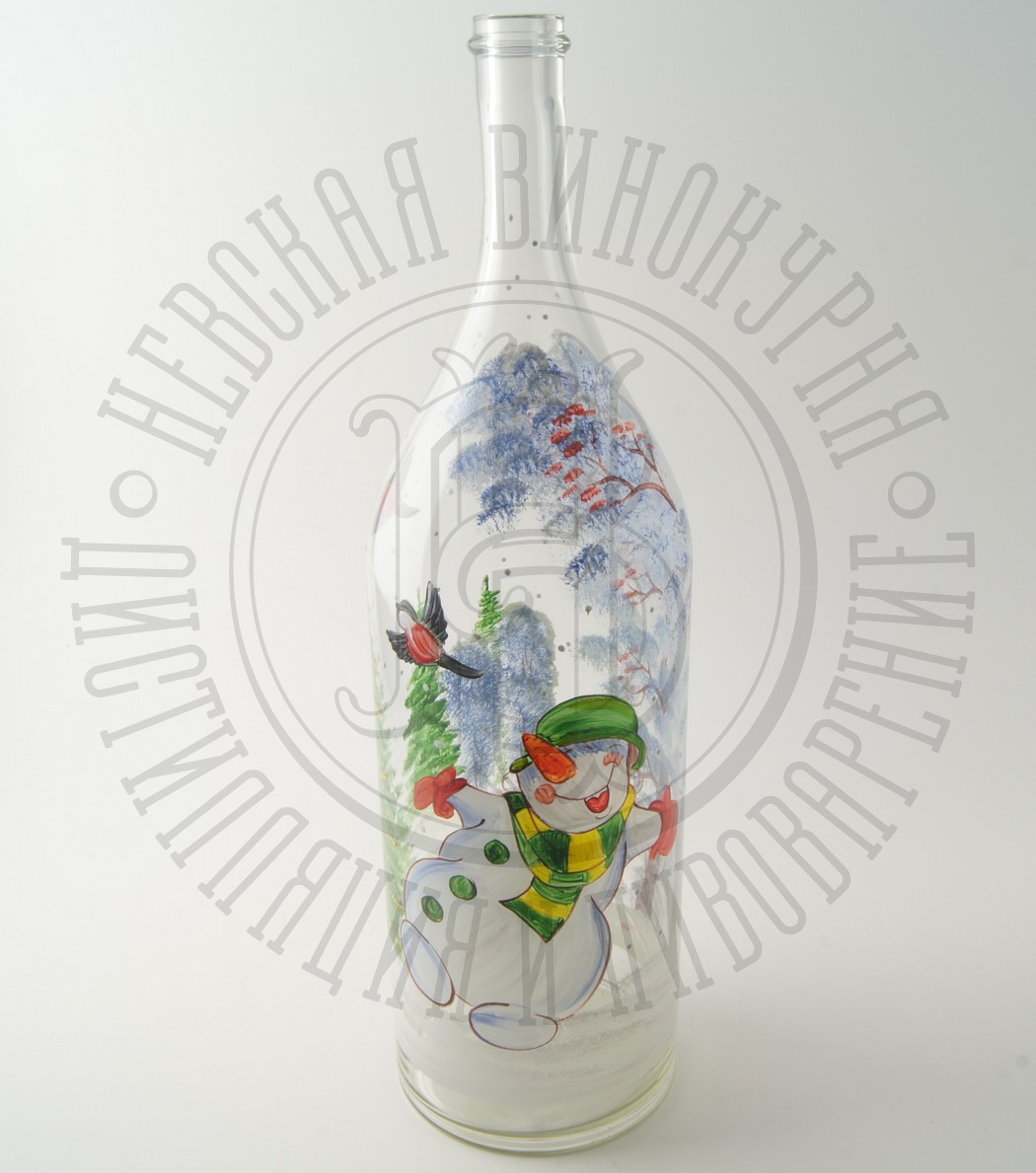 Бутылка 3 литра с рисунком "Снеговик" (Русская четверть), прозрачное стекло с пробкой